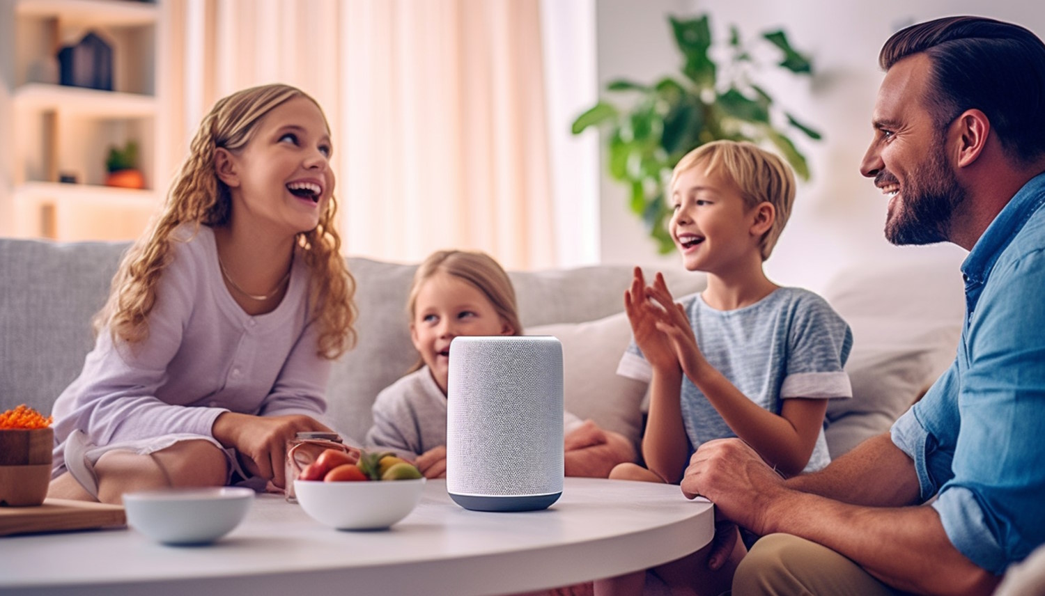 Familia sentada en una mesa con un asistente de voz en medio